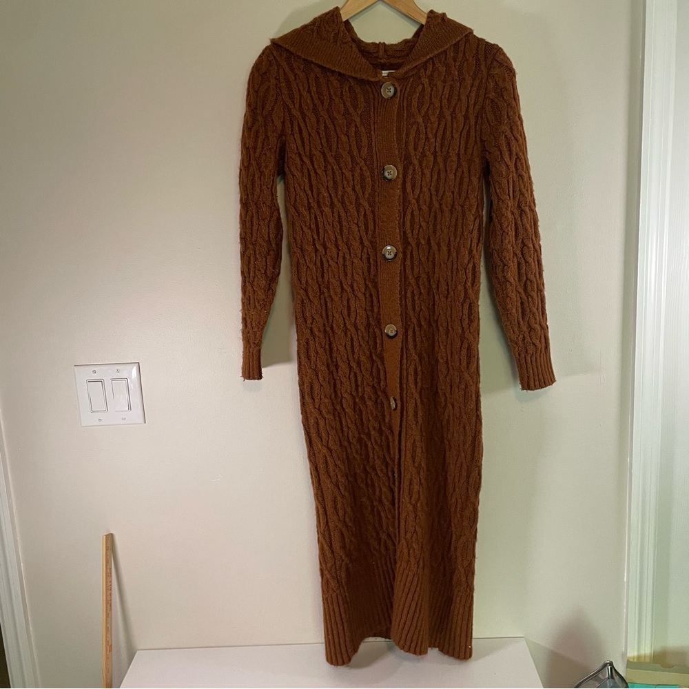 Anthropologie Hooded Duster Cardigan Sweater Jacket Long Dark Orange Rust XXS